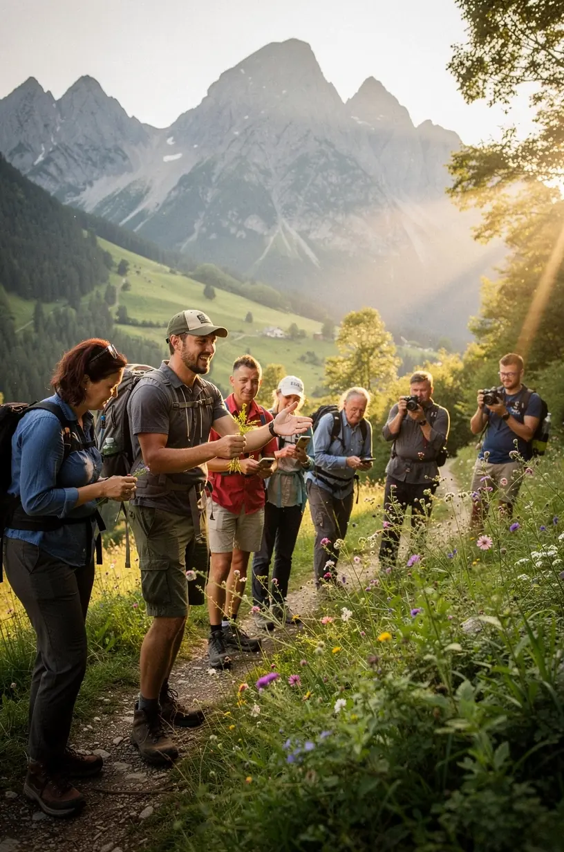Skupina turistov ochutnávajúcich regionálne špeciality v tradičnej slovenskej dedine.